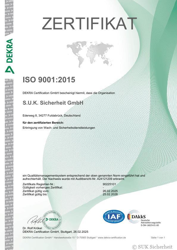 ISO 9001:2015 Zertifikat S.U.K. Sicherheit GmbH
